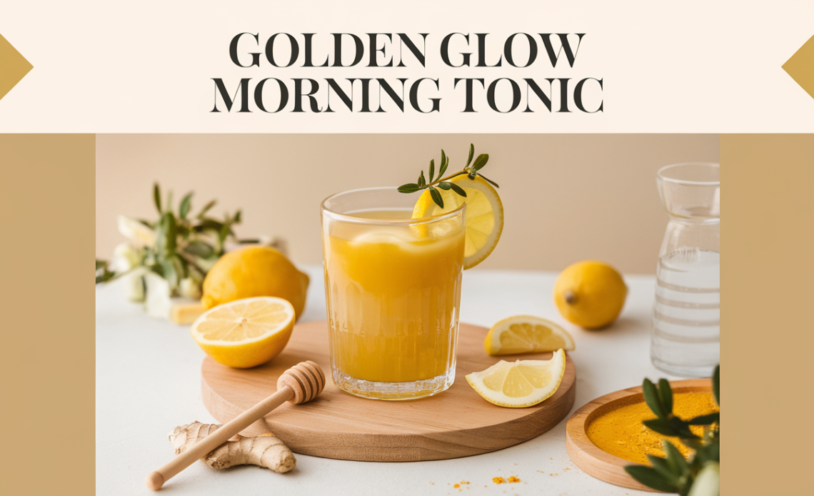 A warm glass of Golden Glow Morning Tonic with a rich golden hue, garnished with a slice of lemon and a sprinkle of turmeric.