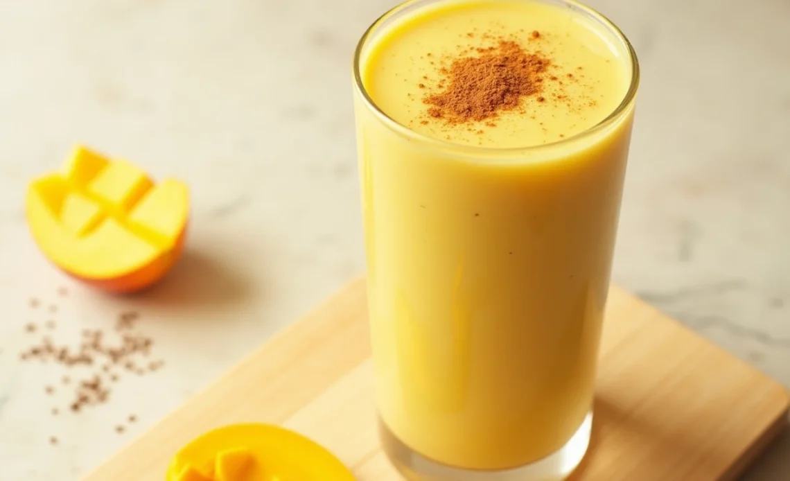 A refreshing golden milk mango breakfast smoothie in a glass, topped with a sprinkle of turmeric and a slice of mango.