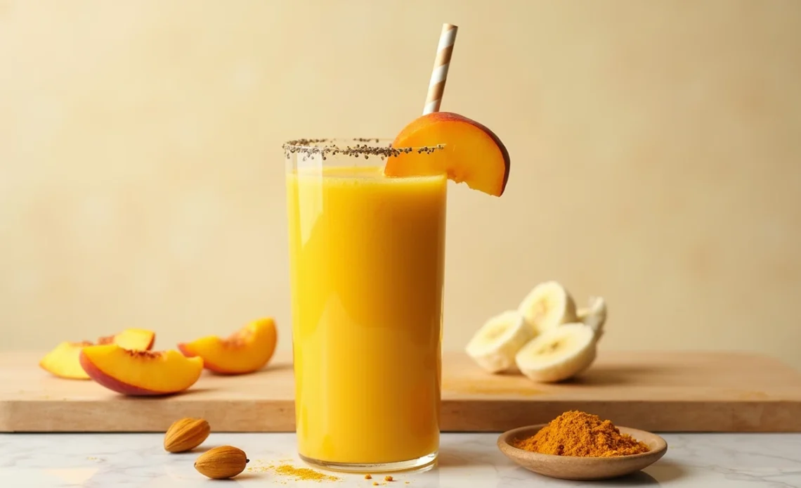 A tall glass of golden peach sunrise smoothie with turmeric, garnished with a peach slice and a sprinkle of turmeric, served on a rustic wooden table.
