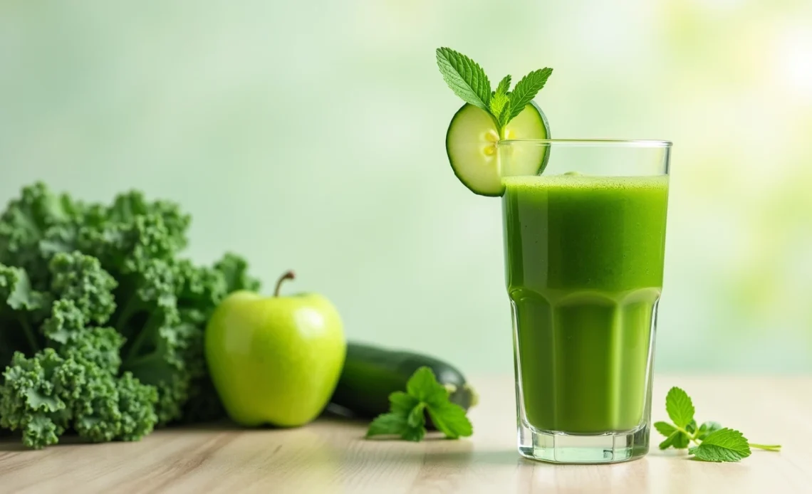 A glass of fresh green juice surrounded by leafy greens, cucumber, and lemon slices on a wooden table.