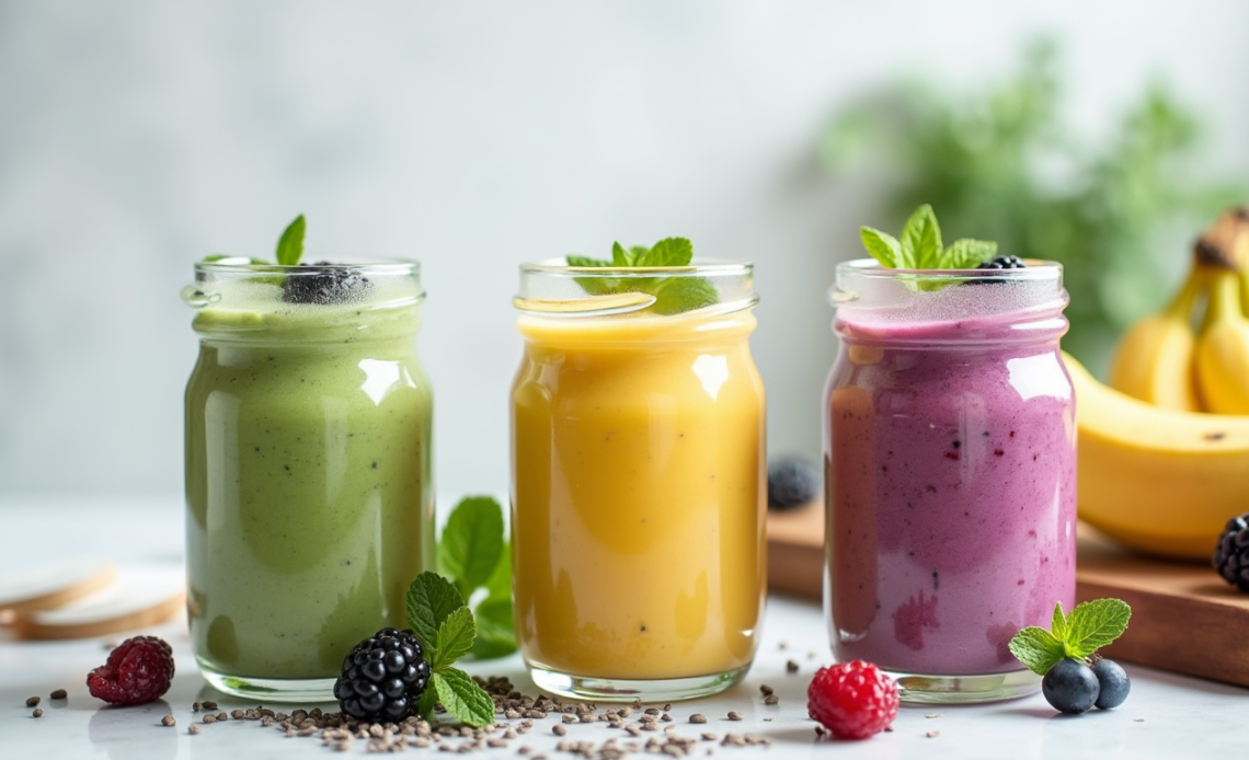A colorful gut health smoothie in a glass, topped with fresh fruit, seeds, and a sprinkle of granola.