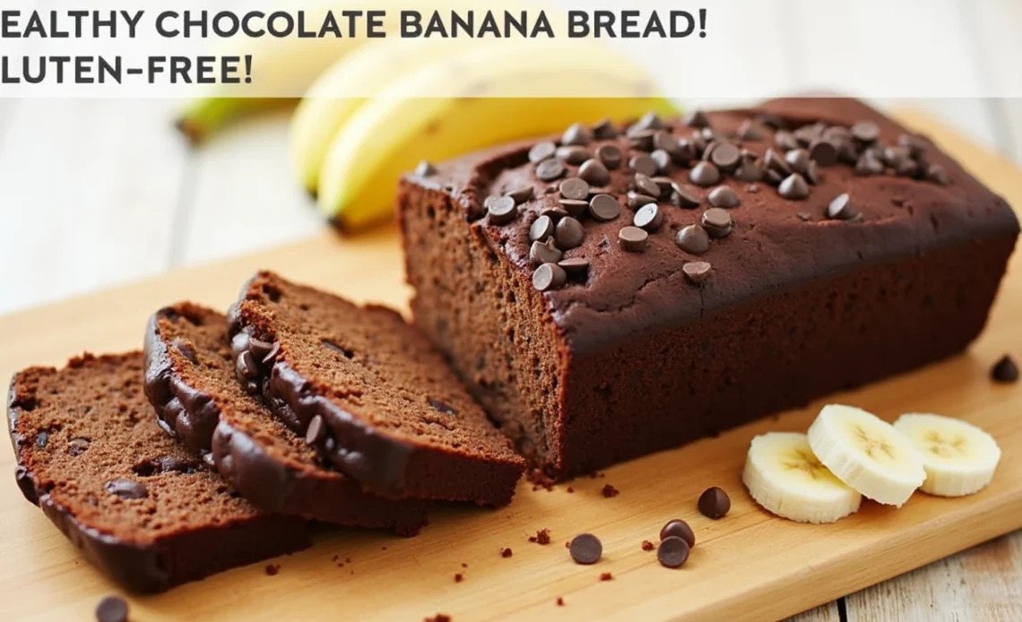 A freshly baked loaf of healthy chocolate banana bread, sliced to reveal a moist, rich, and fudgy texture, topped with chocolate chips.