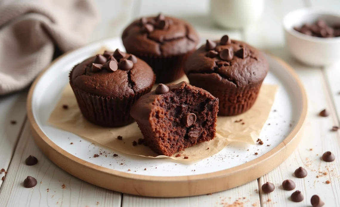 A stack of moist and fluffy chocolate muffins with a bite taken out of one, revealing a rich and fudgy interior, served on a rustic wooden plate.