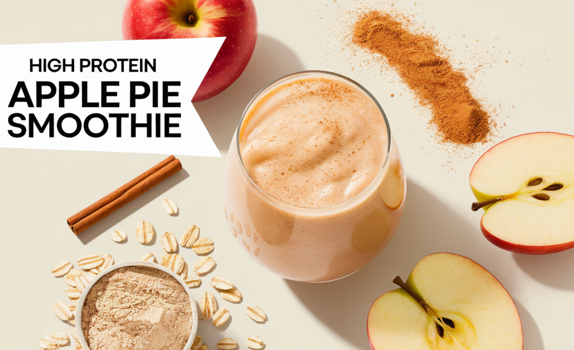 A creamy High Protein Apple Pie Smoothie in a glass, topped with cinnamon and apple slices, served with a straw.