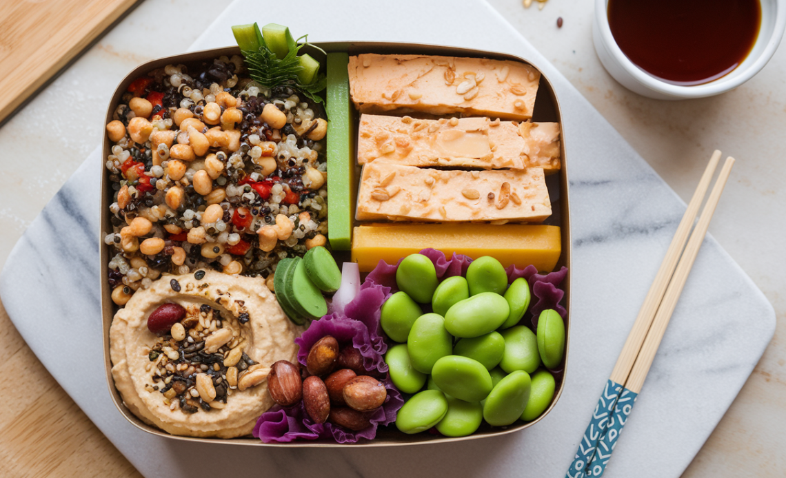 A high-protein plant-based bento box featuring quinoa, chickpeas, roasted vegetables, tofu, and fresh greens, arranged in a meal prep container.