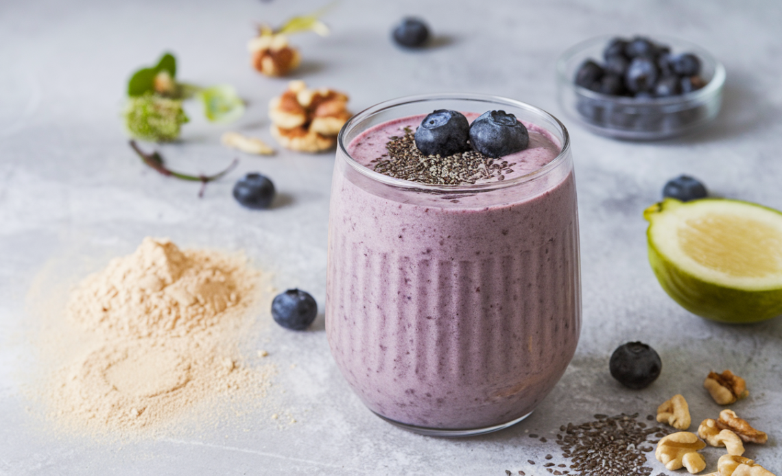 A vibrant high-protein smoothie in a glass, garnished with fresh berries and a straw, perfect for a nutritious low-calorie breakfast or post-workout recovery.