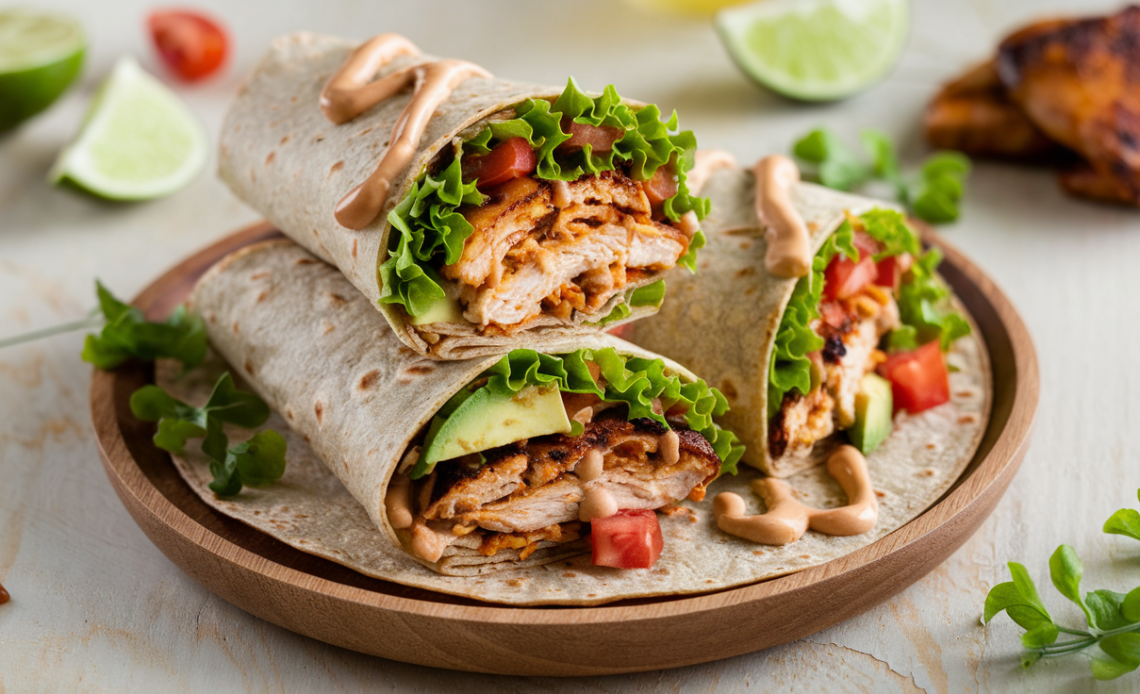 A high-protein spicy grilled chicken wrap filled with seasoned grilled chicken, fresh vegetables, and a creamy spicy sauce, wrapped in a warm tortilla.