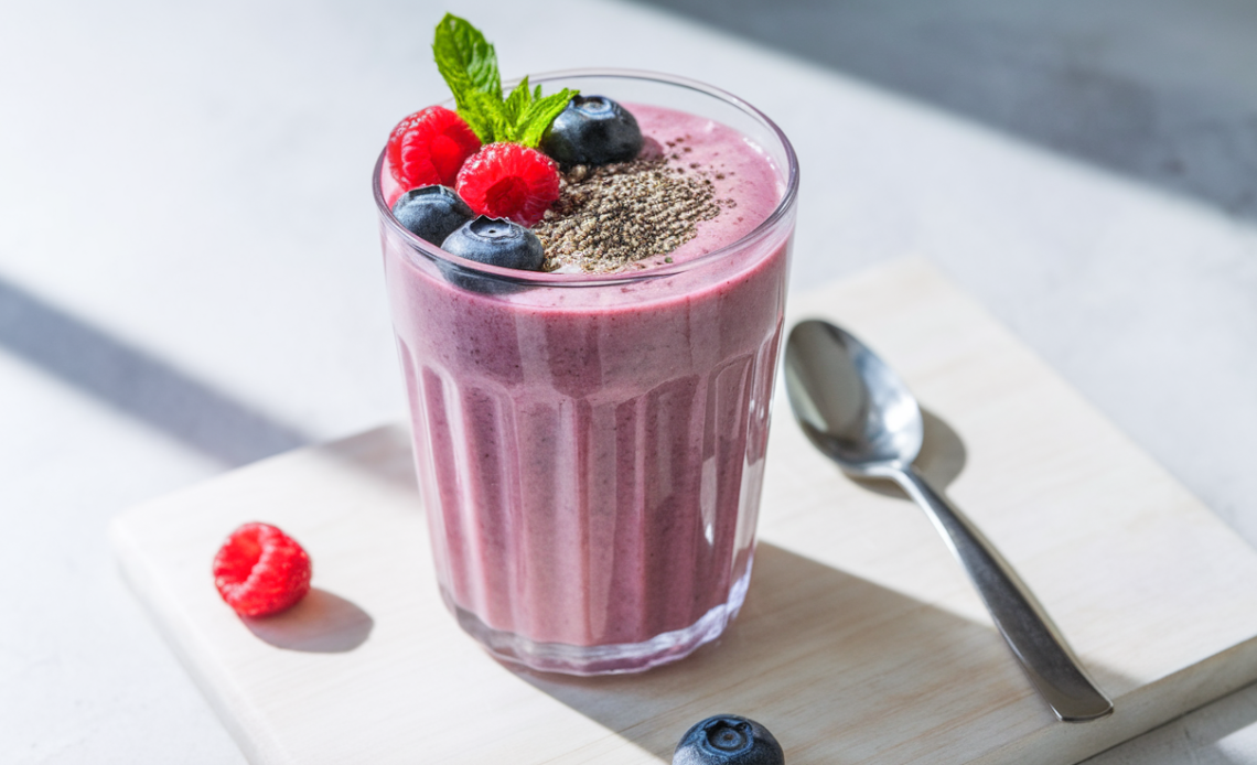 A tall glass of vibrant purple high-protein triple berry smoothie, garnished with fresh berries and a sprinkle of chia seeds.
