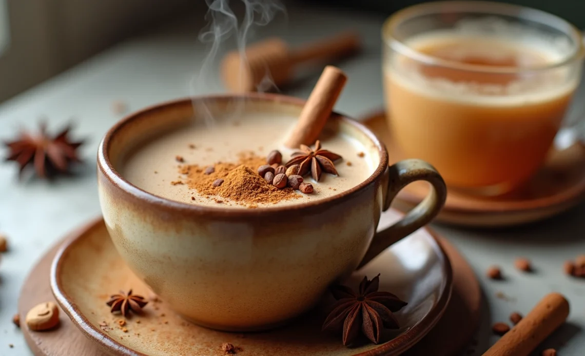 A steaming cup of homemade cardamom chai tea, garnished with a cinnamon stick, surrounded by spices like cardamom pods and star anise.