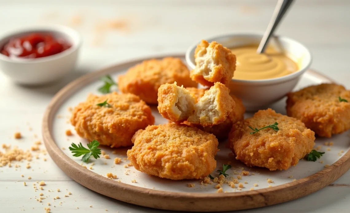 A plate of crispy, golden-brown homemade chicken nuggets served with a side of dipping sauce.