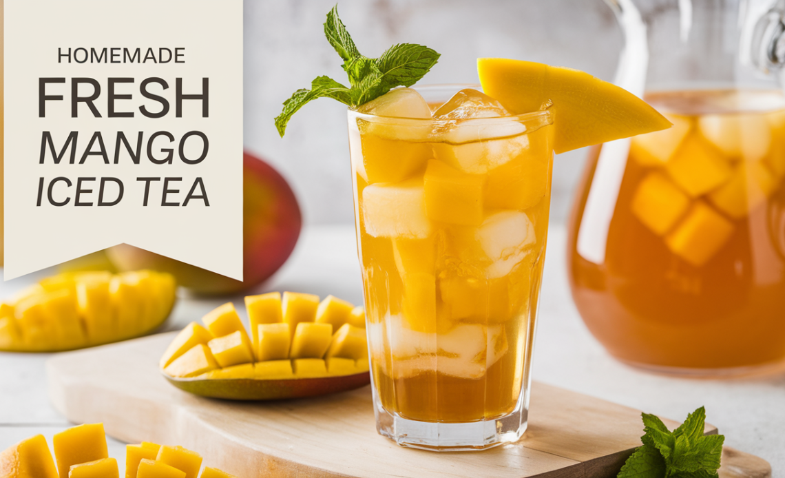 A tall glass of homemade fresh mango iced tea with ice cubes, garnished with a mango slice and fresh mint leaves, served with a straw.