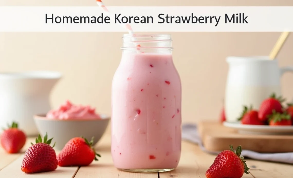 A glass of homemade Korean strawberry milk with fresh strawberries and a drizzle of strawberry syrup on top.