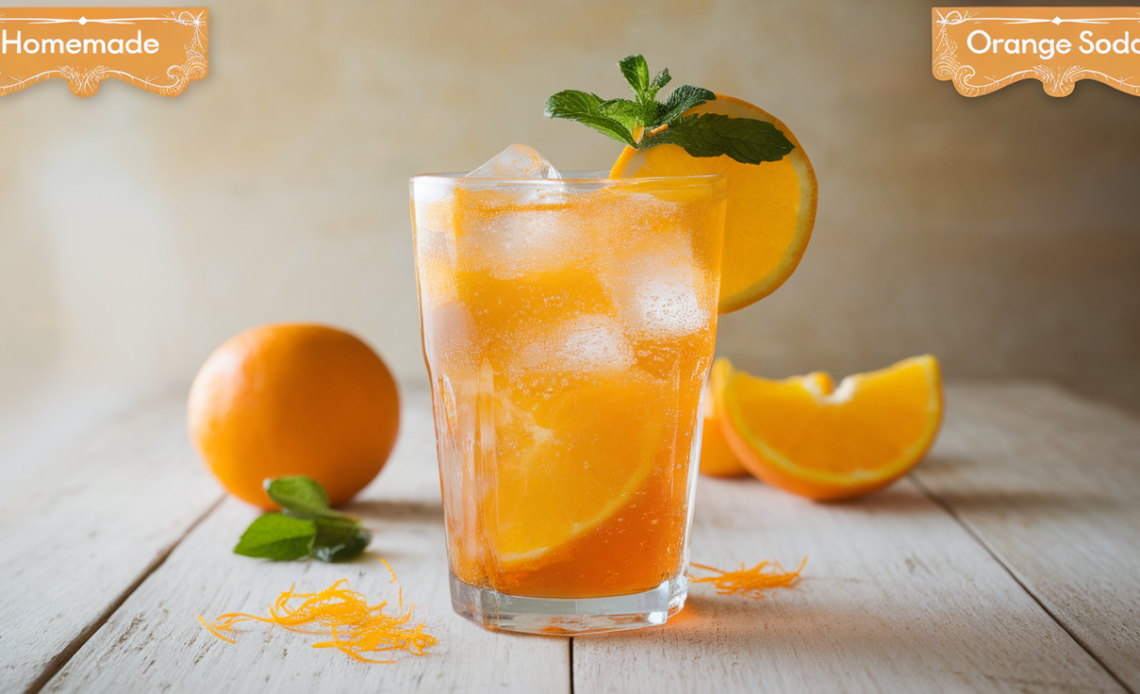 A refreshing glass of homemade orange soda with ice, garnished with a fresh orange slice and a sprig of mint.
