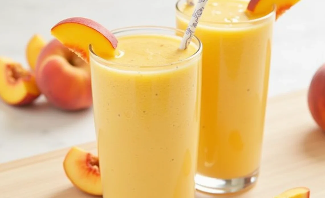 A refreshing homemade peach mango smoothie in a glass, garnished with a slice of peach and a sprig of mint.