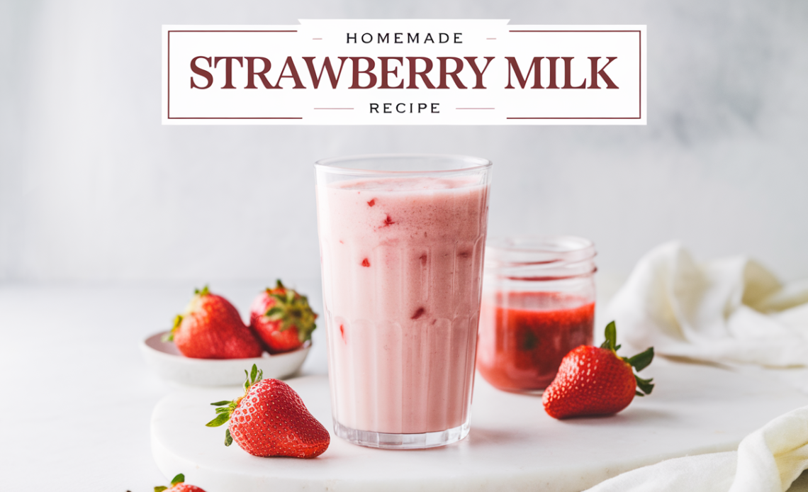A glass of creamy homemade strawberry milk with a vibrant pink hue, garnished with fresh strawberry slices and served with a straw.