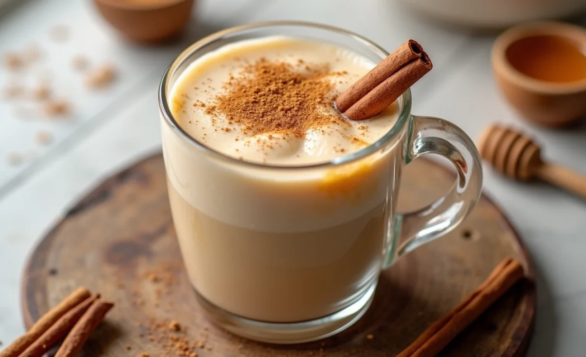 A steaming cup of homemade vanilla cinnamon milk tea with a sprinkle of cinnamon on top, placed on a cozy wooden table.