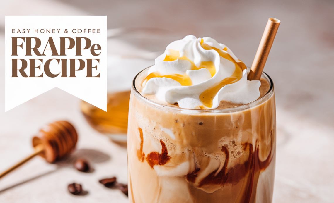 A frothy honey and coffee frappe served in a tall glass with ice, topped with whipped cream and a drizzle of honey.