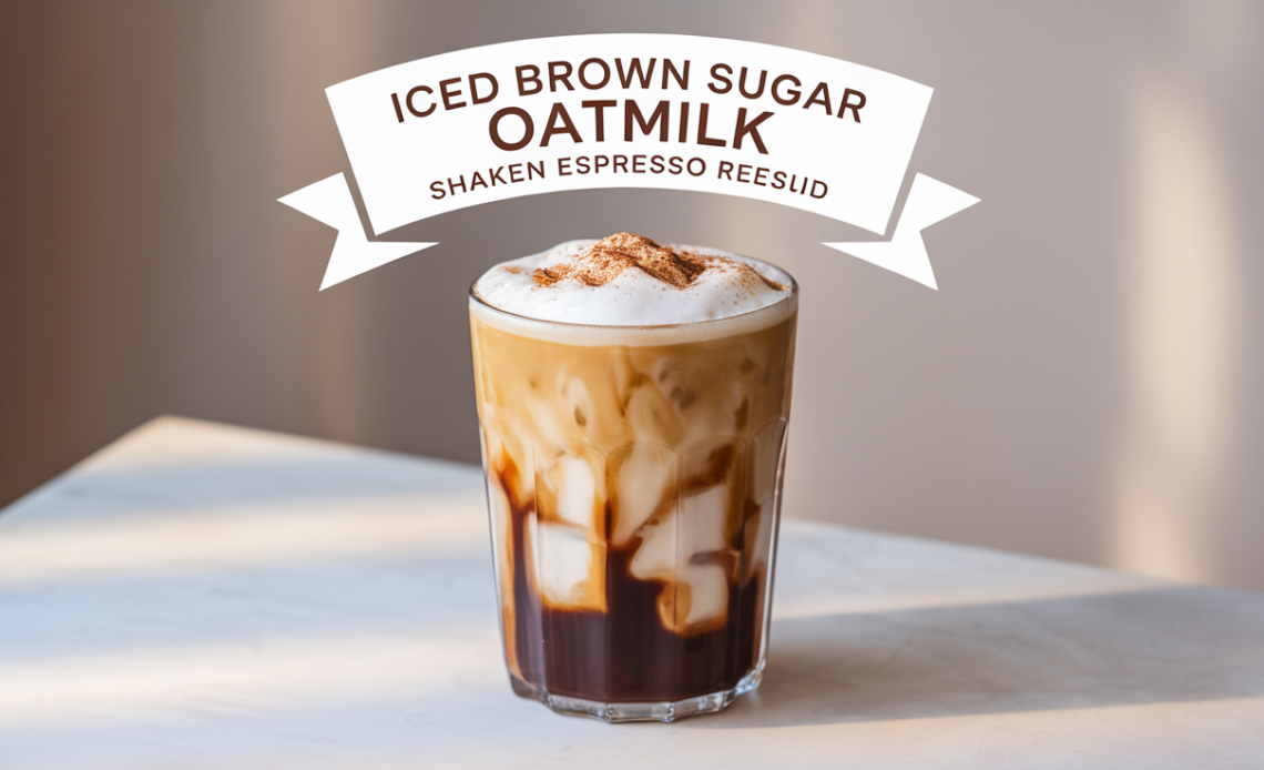 A tall glass of iced brown sugar oatmilk shaken espresso with swirls of creamy oat milk, topped with ice and a sprinkle of cinnamon.