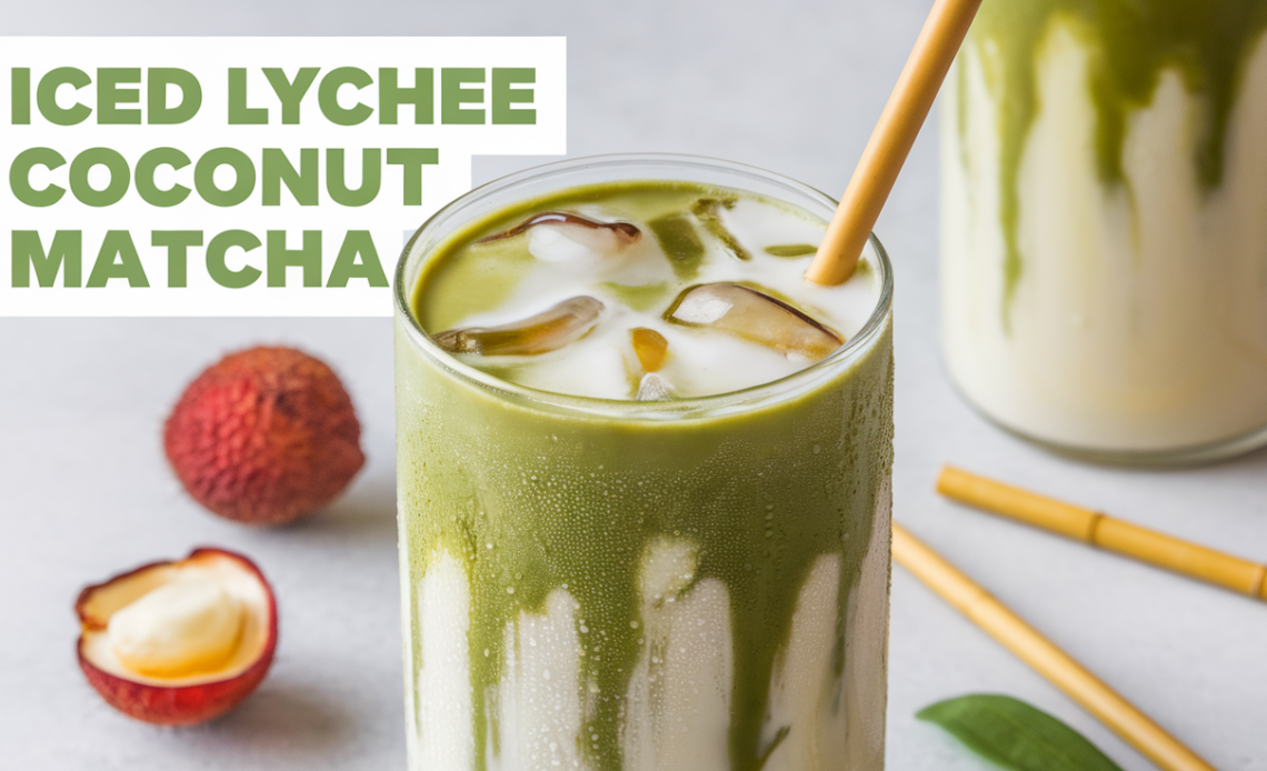 A refreshing glass of Iced Lychee Coconut Matcha, layered with vibrant green matcha, creamy coconut milk, and sweet lychee, served over ice with a straw.