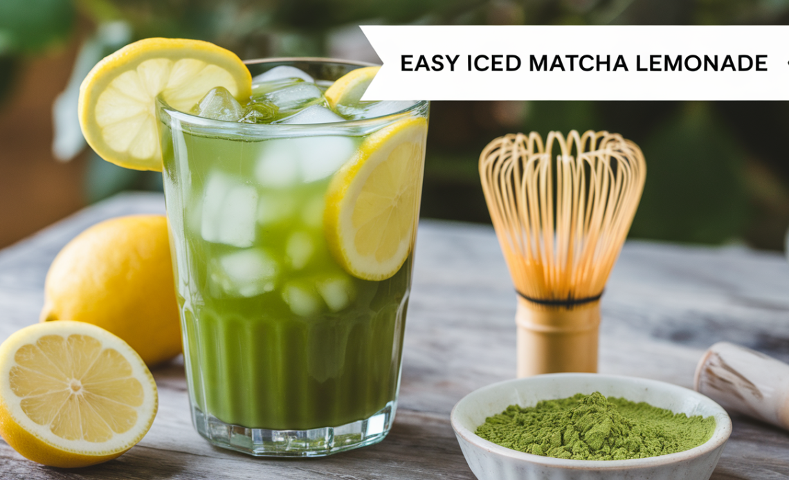 A refreshing glass of iced matcha lemonade with a vibrant green hue, served over ice with lemon slices and a straw.