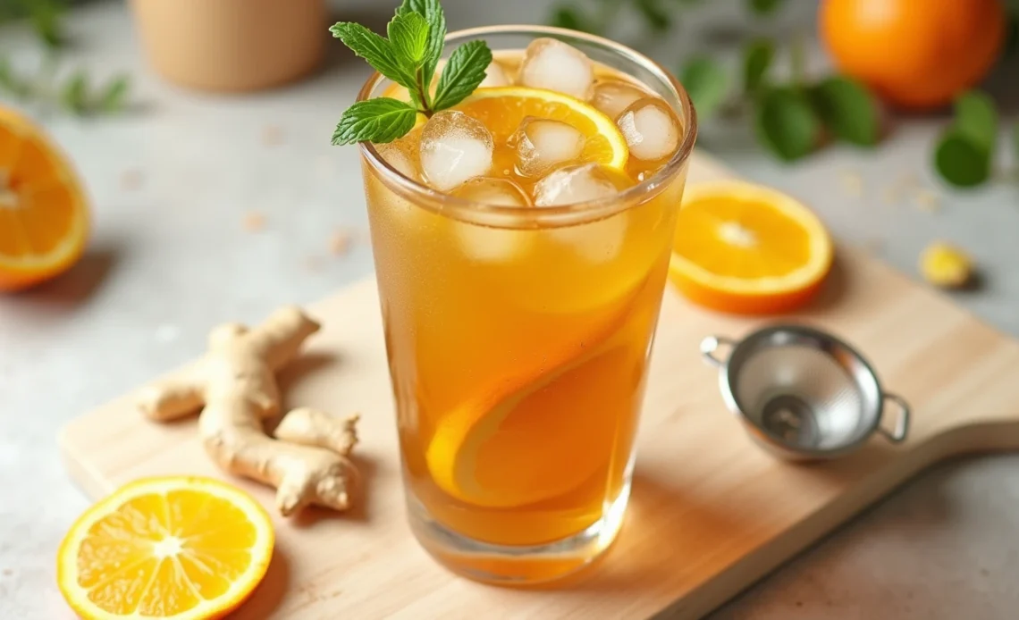 A chilled glass of iced orange ginger green tea, garnished with orange slices and a sprig of mint, with ice cubes floating inside.