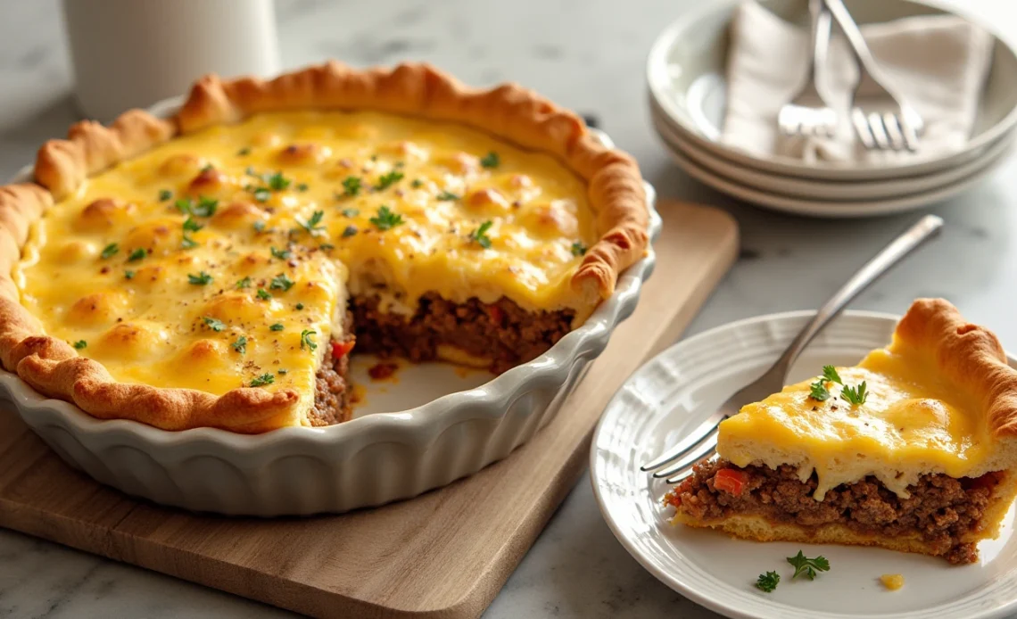 A slice of Impossibly Easy Cheeseburger Pie with a golden-brown crust, topped with melted cheese and garnished with fresh parsley, served on a white plate.