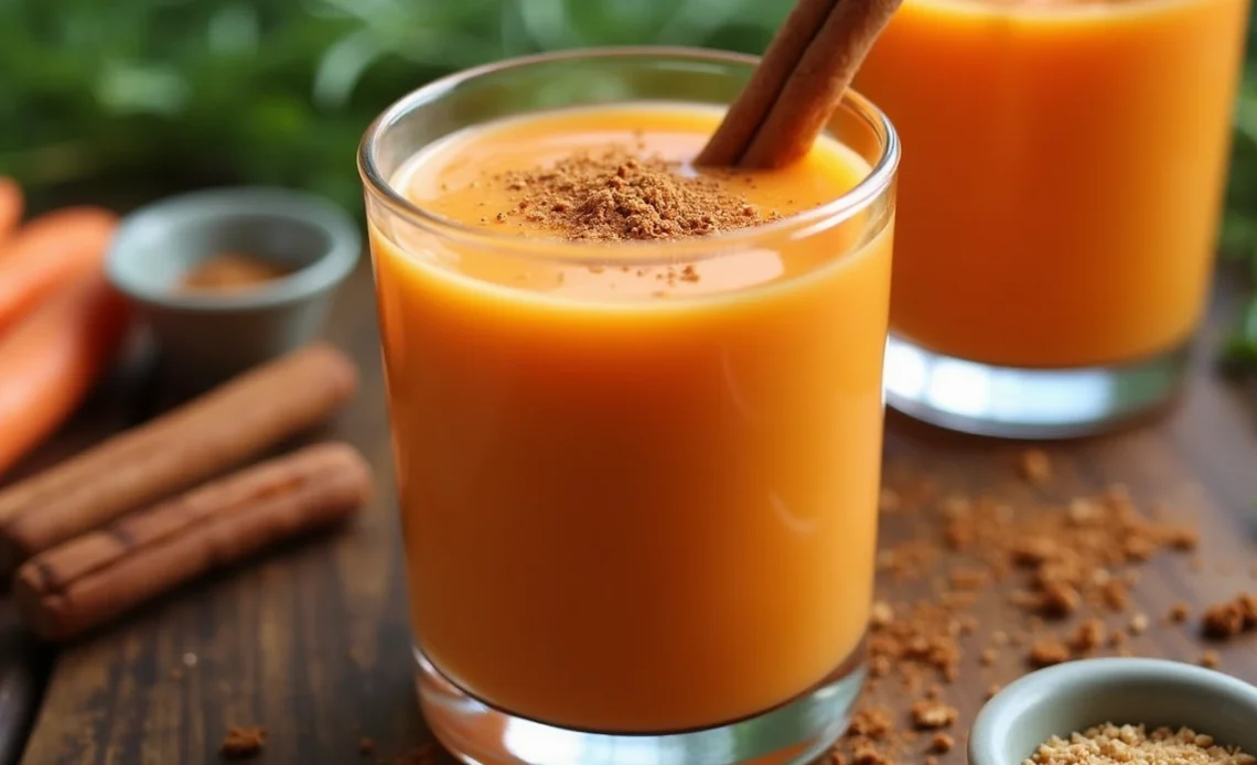 A tall glass of vibrant Jamaican-style carrot juice served with a slice of lime and a sprig of mint, accompanied by fresh carrots.