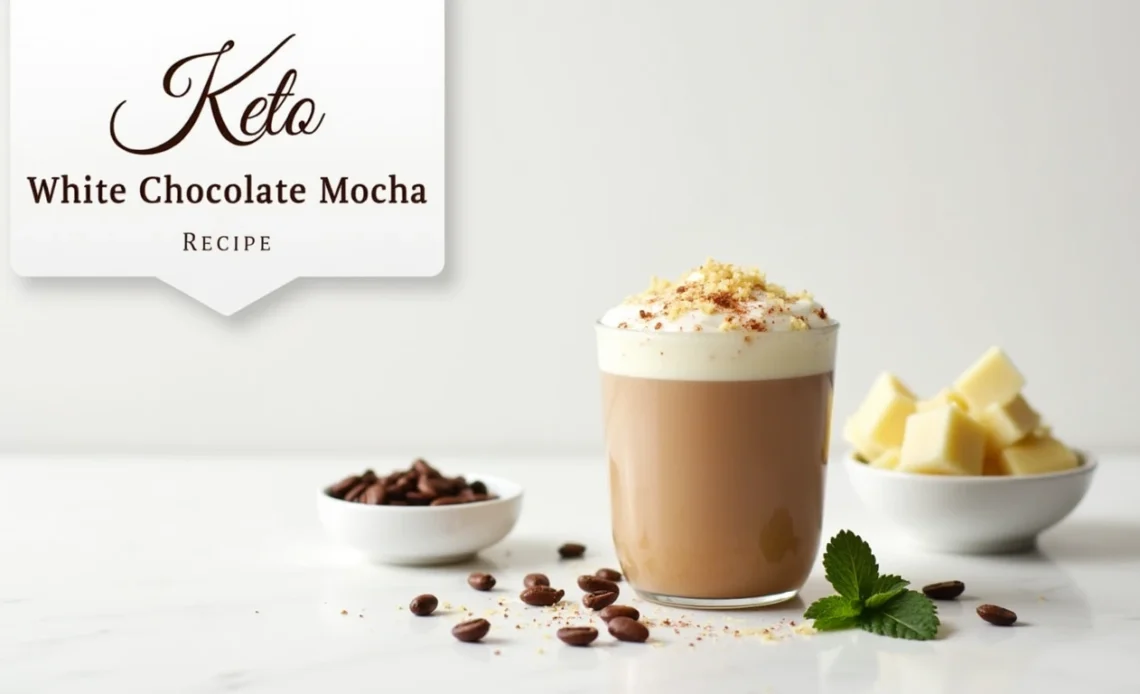 A warm cup of keto white chocolate mocha topped with whipped cream, with a sprinkle of cocoa powder, placed on a wooden table.