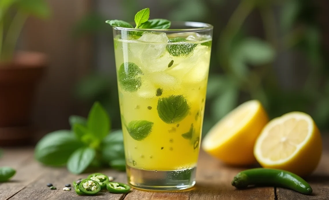 A chilled glass of Kulukki Sarbath, a refreshing Kerala-style shaken lemonade, with basil seeds, green chilies, and lemon slices, served over ice.