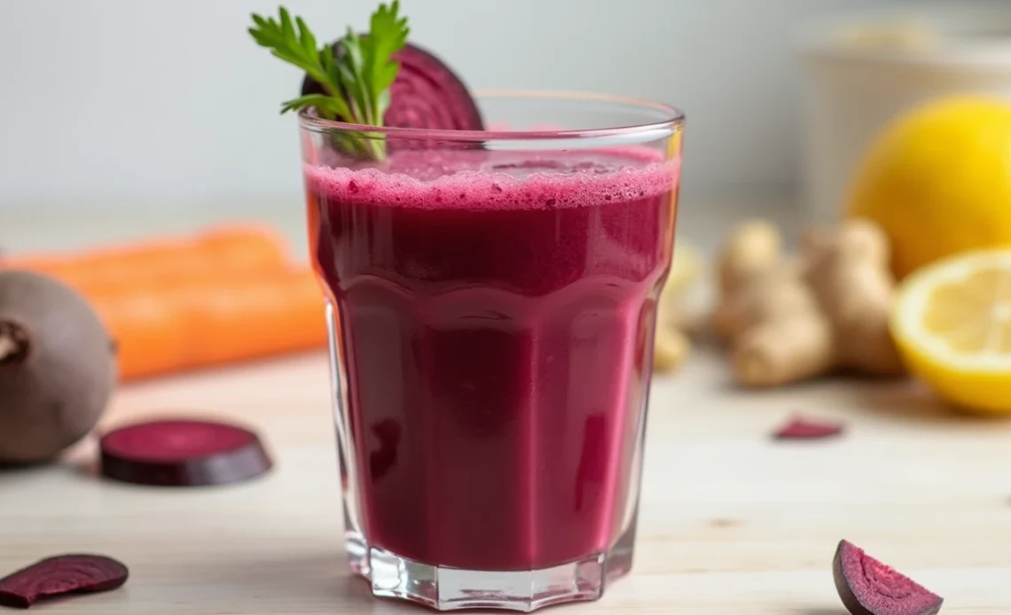 A vibrant glass of deep red beet juice garnished with fresh mint, surrounded by raw beets, carrots, and lemons on a wooden surface.