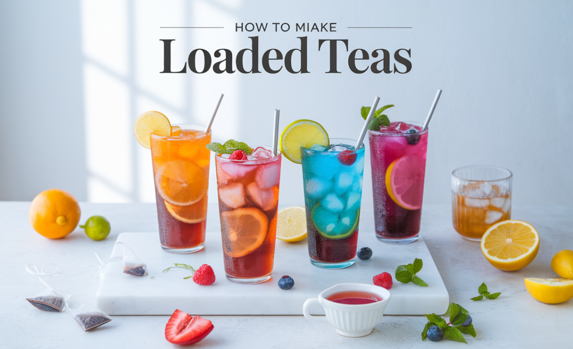 A colorful, refreshing loaded tea in a clear cup, layered with vibrant fruit flavors and topped with ice.