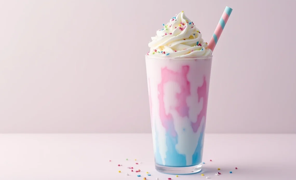 A dreamy pastel-colored cotton candy frappe topped with whipped cream and sprinkles, served in a clear glass with a fun straw.