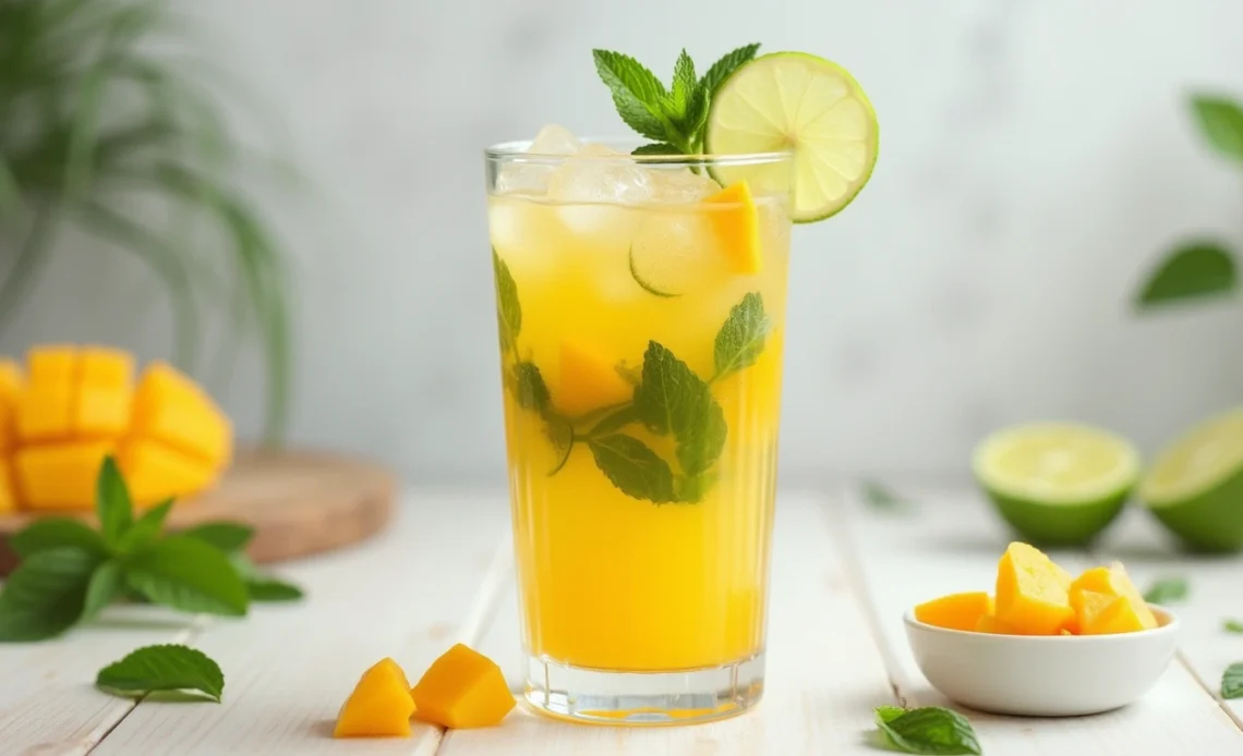 A refreshing mango mojito in a glass, garnished with fresh mint leaves, lime wedges, and a slice of mango.