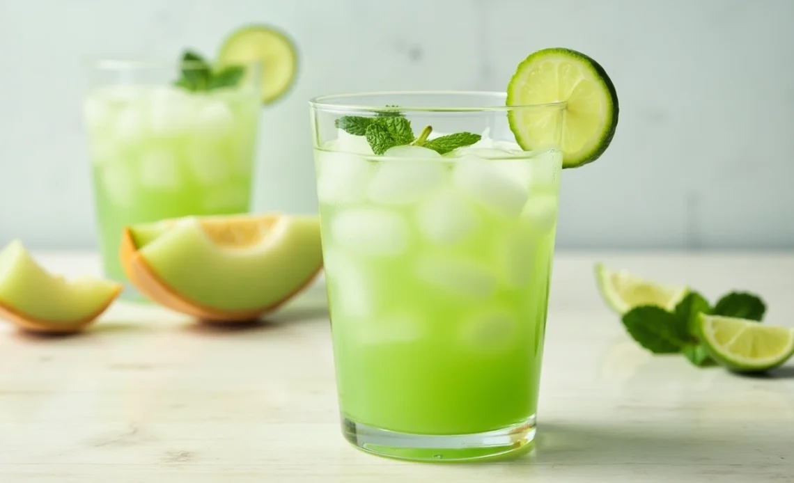 A refreshing glass of honeydew melon agua fresca garnished with a lime wedge, served over ice.