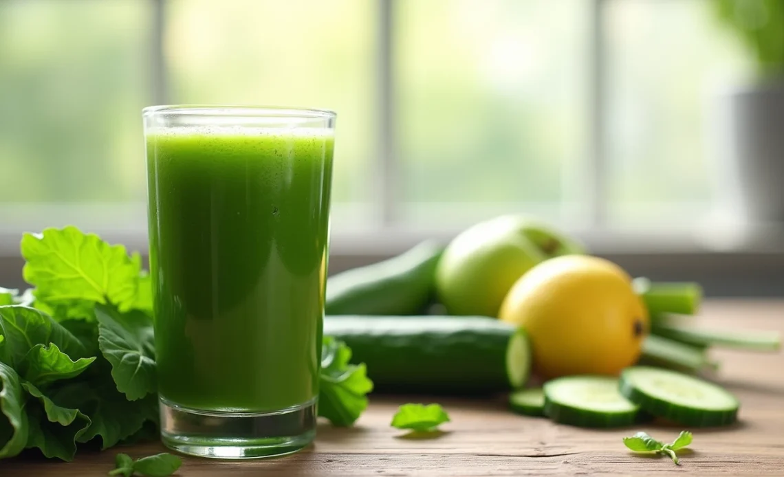 A refreshing glass of morning green juice made with spinach, kale, cucumber, and apple, garnished with a slice of lemon, set on a wooden table.