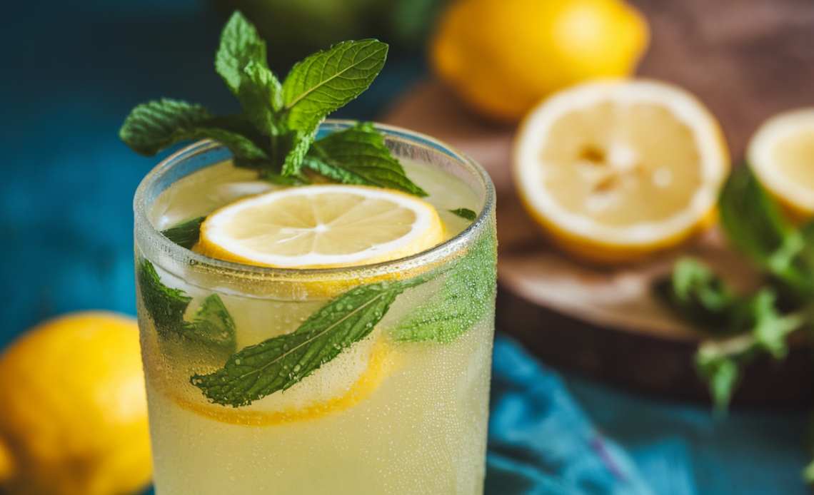 A chilled glass of Moroccan mint lemonade, garnished with fresh mint leaves and lemon slices, served over ice in a traditional Moroccan glass.