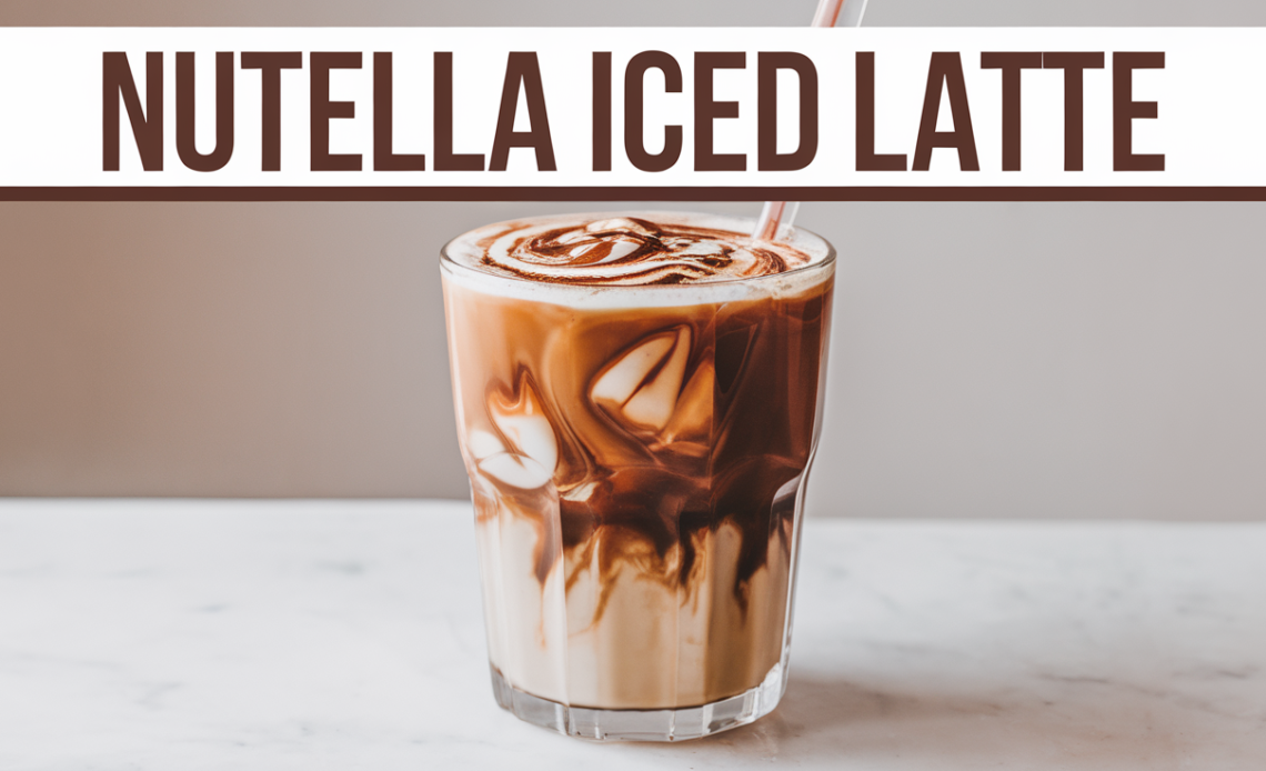 A creamy Nutella Iced Latte in a tall glass, topped with whipped cream and a drizzle of Nutella, served with a straw.