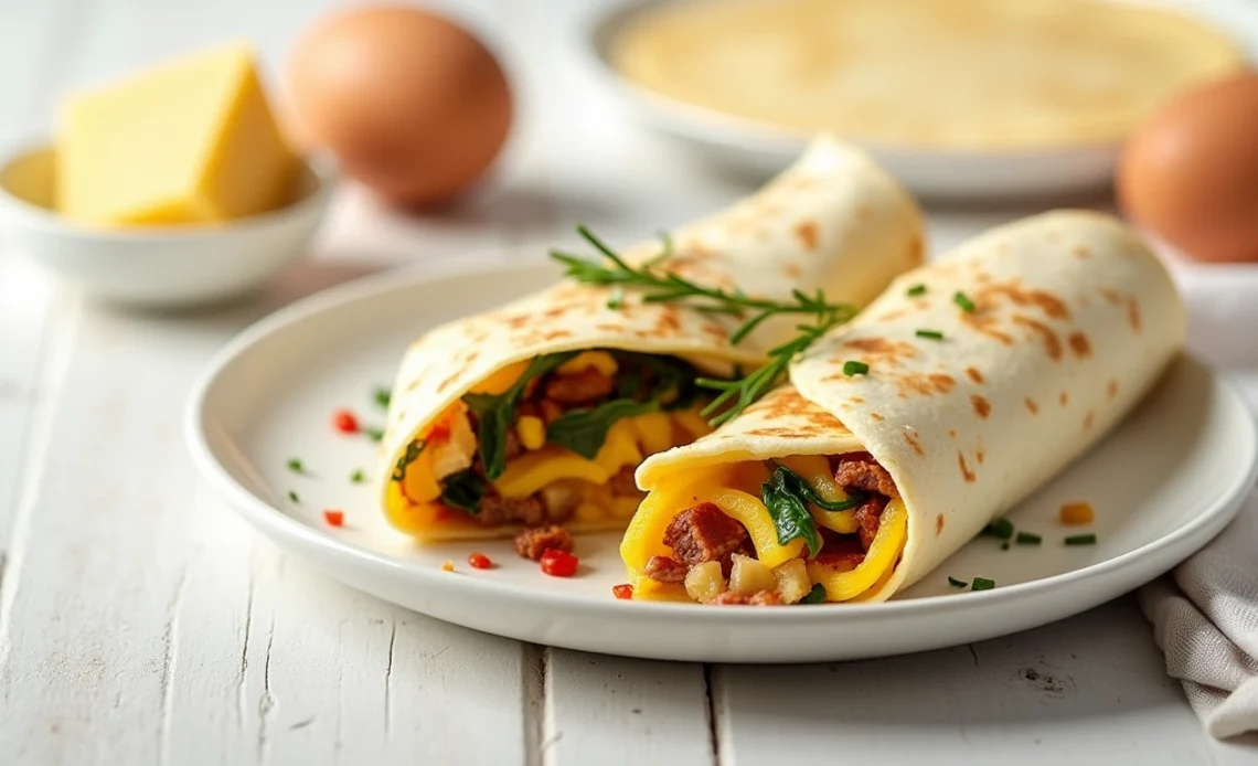 A freshly made omelet tortilla breakfast wrap filled with eggs, cheese, and vegetables, served on a wooden plate with a side of fresh greens.