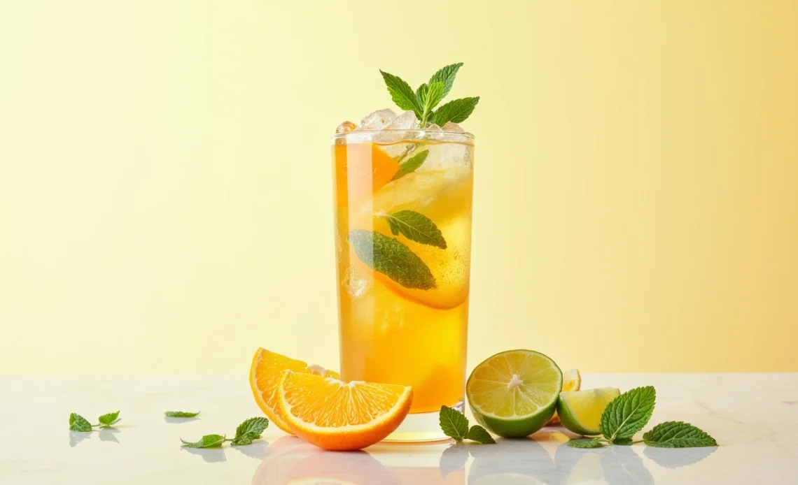 A tall glass of refreshing orange mojito, garnished with fresh mint leaves, orange slices, and ice, served with a straw.