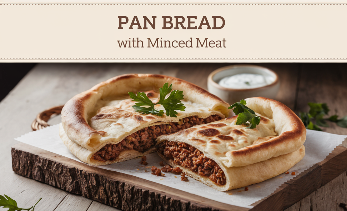 Freshly baked pan bread filled with savory minced meat, garnished with herbs and served on a wooden board.