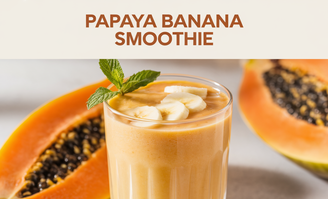 A creamy papaya banana smoothie in a glass, garnished with a banana slice and a sprinkle of chia seeds, served with a straw.