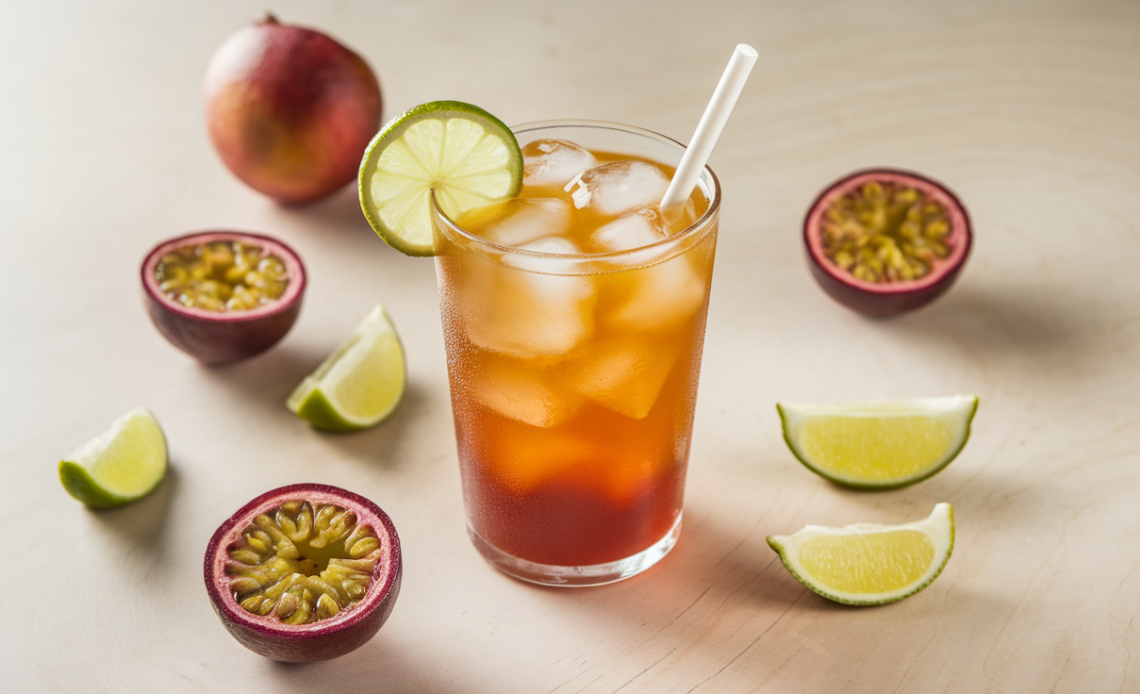 A refreshing glass of homemade passion fruit tea with ice, garnished with a lemon slice and fresh mint, mimicking the Starbucks copycat recipe.