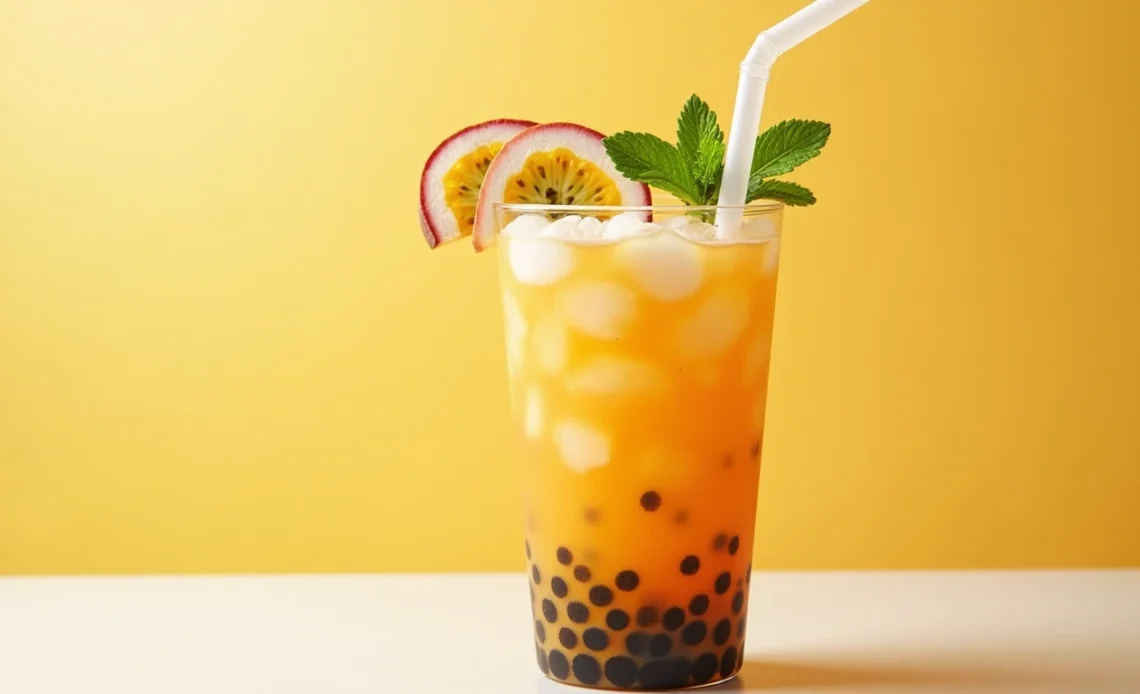 A refreshing glass of Passion Fusion Boba Tea with vibrant orange and golden hues, topped with chewy tapioca pearls and a slice of fresh passion fruit.