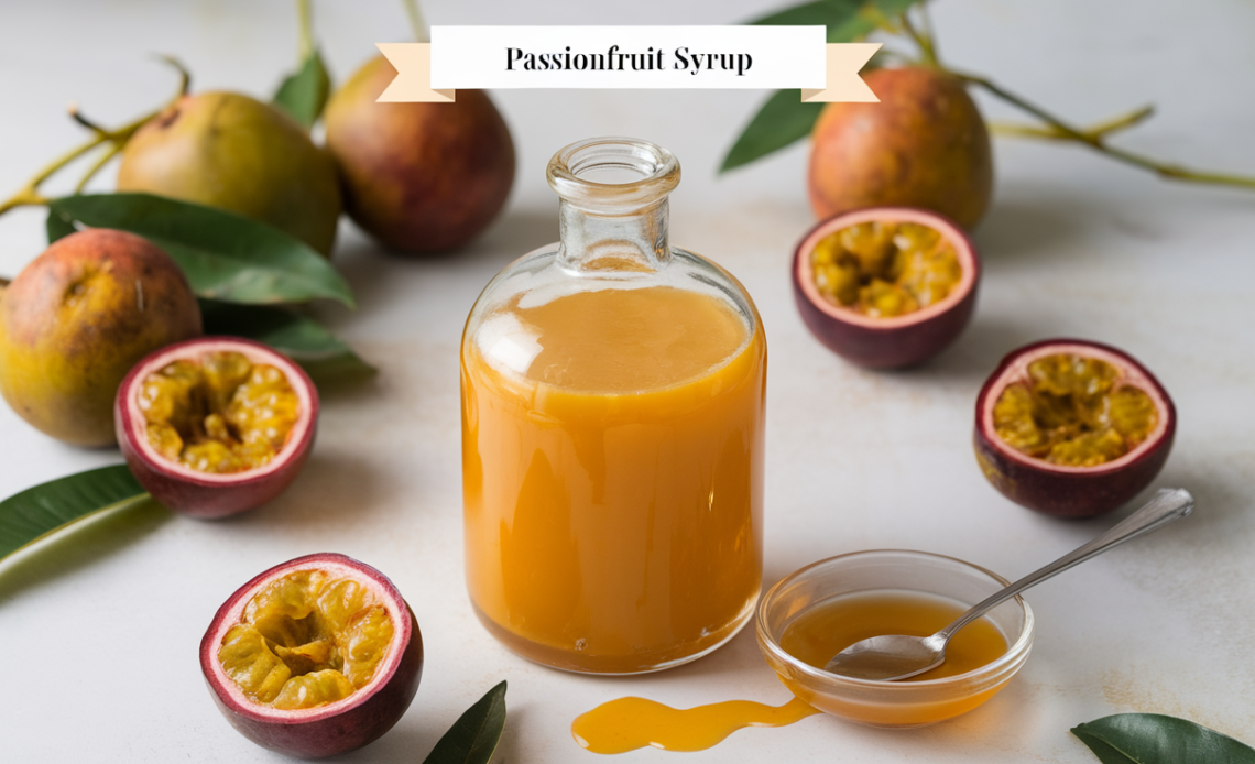A glass bottle filled with vibrant golden passionfruit syrup, surrounded by fresh passionfruits and a small dish of syrup for drizzling.