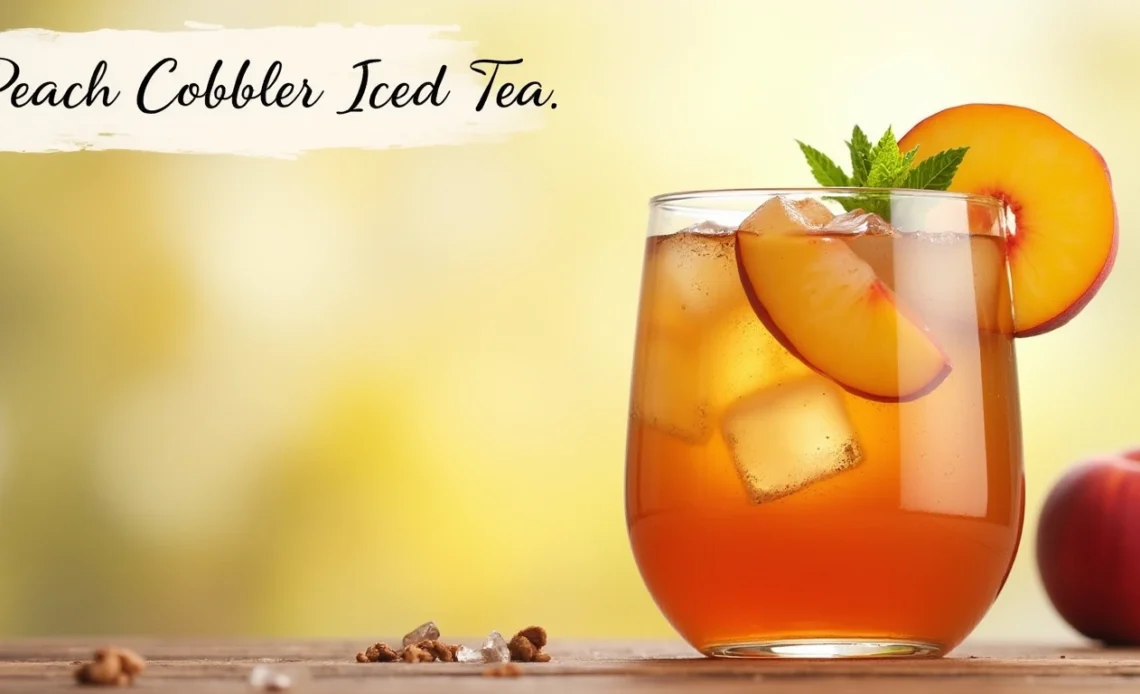 A refreshing glass of peach cobbler iced tea, garnished with a slice of peach and a sprig of mint, served in a tall glass with ice.
