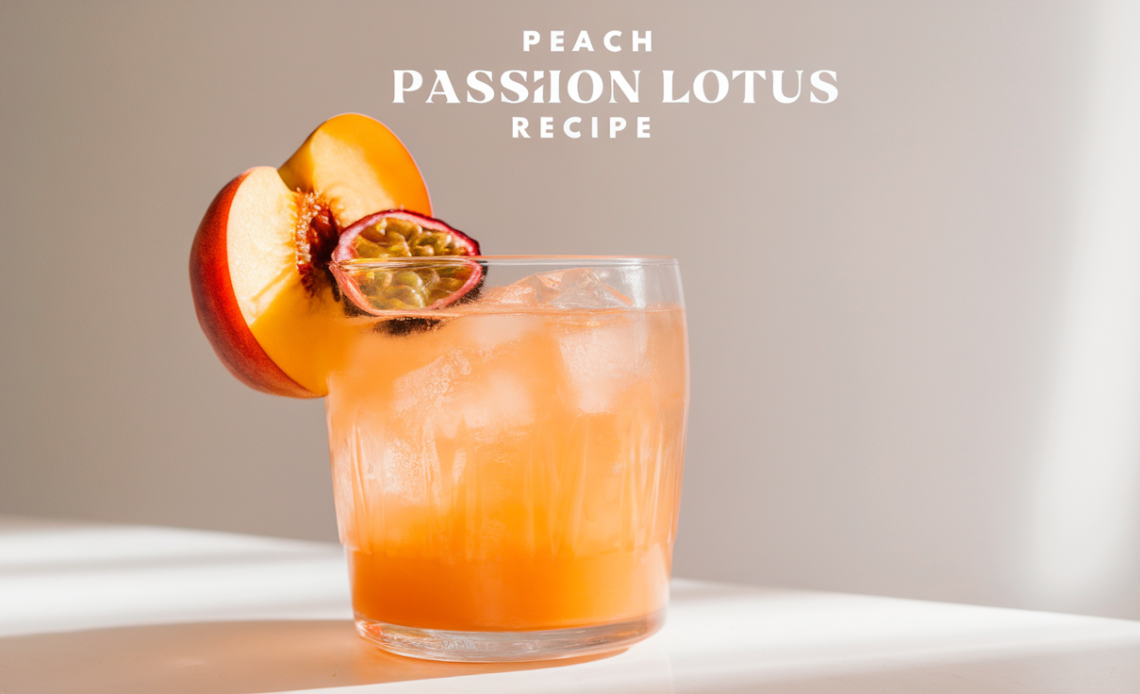 A vibrant glass of Peach Passion Lotus drink filled with ice, showcasing a golden-orange hue, garnished with fresh peach slices and a sprig of mint.