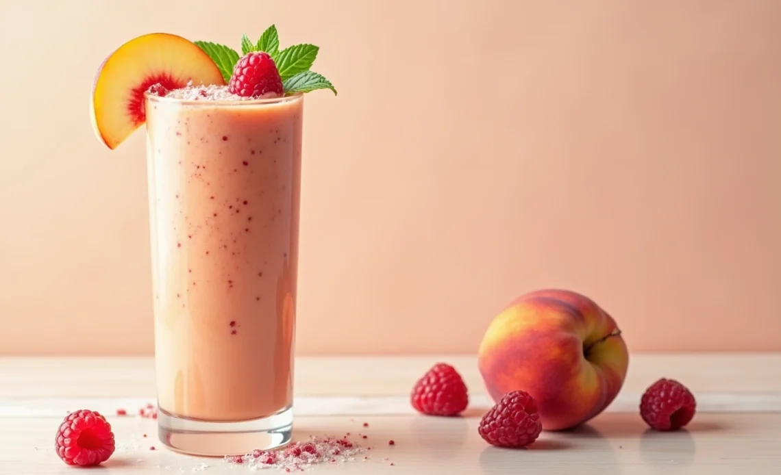 A refreshing peach raspberry smoothie in a glass, garnished with fresh raspberries and a peach slice, served with a straw.