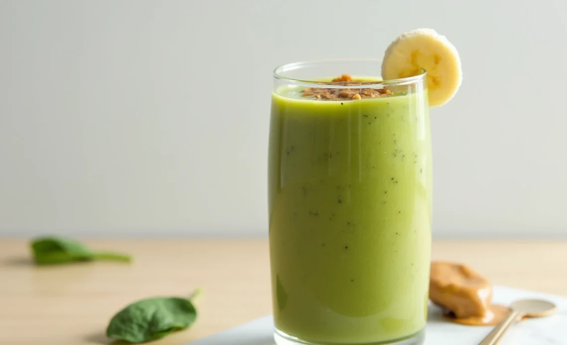 A creamy peanut butter banana spinach smoothie in a glass, garnished with a banana slice and a sprinkle of chia seeds.