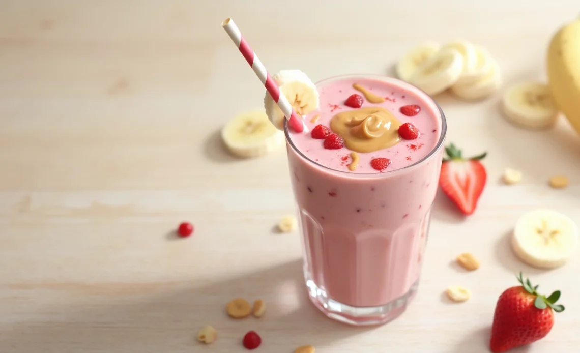 A creamy peanut butter strawberry banana smoothie in a glass, topped with sliced bananas, strawberries, and a drizzle of peanut butter.