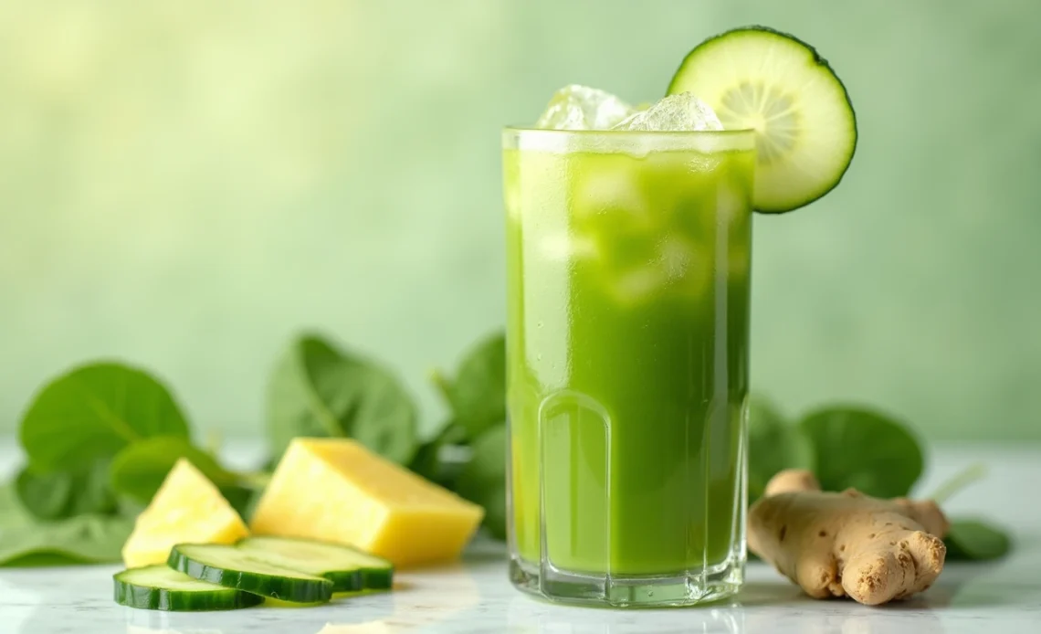 A refreshing glass of pineapple ginger juice with spinach and cucumber, served with ice and garnished with a fresh pineapple slice.